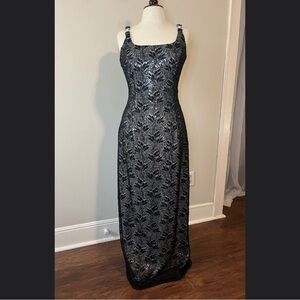 Vintage A.J. Bari Black & Silver Lace Formal Gown